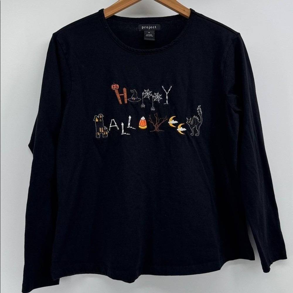 Project Happy Halloween Embroidered Black Long-sleeve Tee Size M - Picture 2 of 8